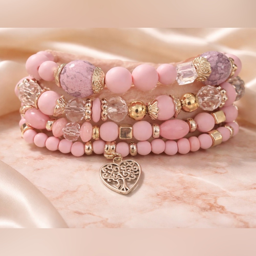 Pink and Gold Beaded Bracelet Set - Picture 2 of 2
